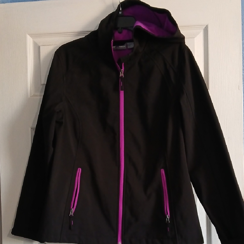 Black Hooded Utility Jacket with Purple Trim